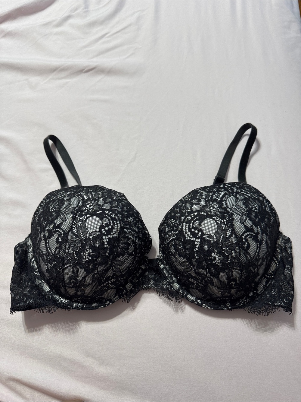 Victoria's Secret Black Lace Push-Up Bra with Floral Overlay